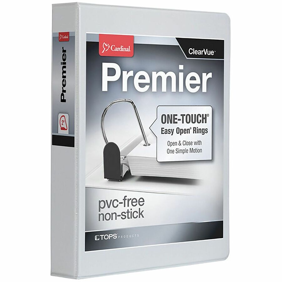 Cardinal EasyOpen Clearvue Slant D-Ring Binders - 2" Binder Capacity - Letter - 8 1/2" x 11" Sheet Size - 525 Sheet Capacity - 2 1/2" Spine Width - 3 x D-Ring Fastener(s) - 2 Inside Front & Back Pocket(s) - Vinyl - White - 1.30 lb - Clear Overlay, Locking Mechanism, One Touch Ring, Sheet Lifter, Heavy Duty - 1 Each