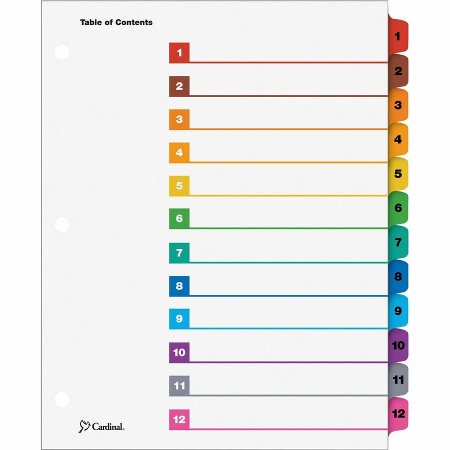 Cardinal OneStep Index System - 12 x Divider(s) - Printed Tab(s) - Digit - 1-12 - 12 Tab(s)/Set - 9" Divider Width x 11" Divider Length - Letter - 8.50" Width x 11" Length - 3 Hole Punched - White Paper Divider - Multicolor Mylar Tab(s) - 12 / Set
