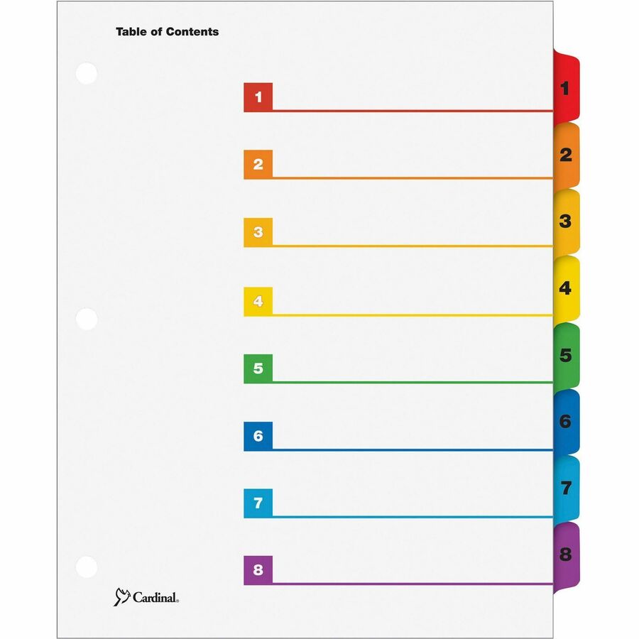 Cardinal OneStep Index System - 8 x Divider(s) - Printed Tab(s) - Digit - 1-8 - 8 Tab(s)/Set - 9" Divider Width x 11" Divider Length - Letter - 8.50" Width x 11" Length - 3 Hole Punched - White Paper Divider - Multicolor Mylar Tab(s) - 8 / Set
