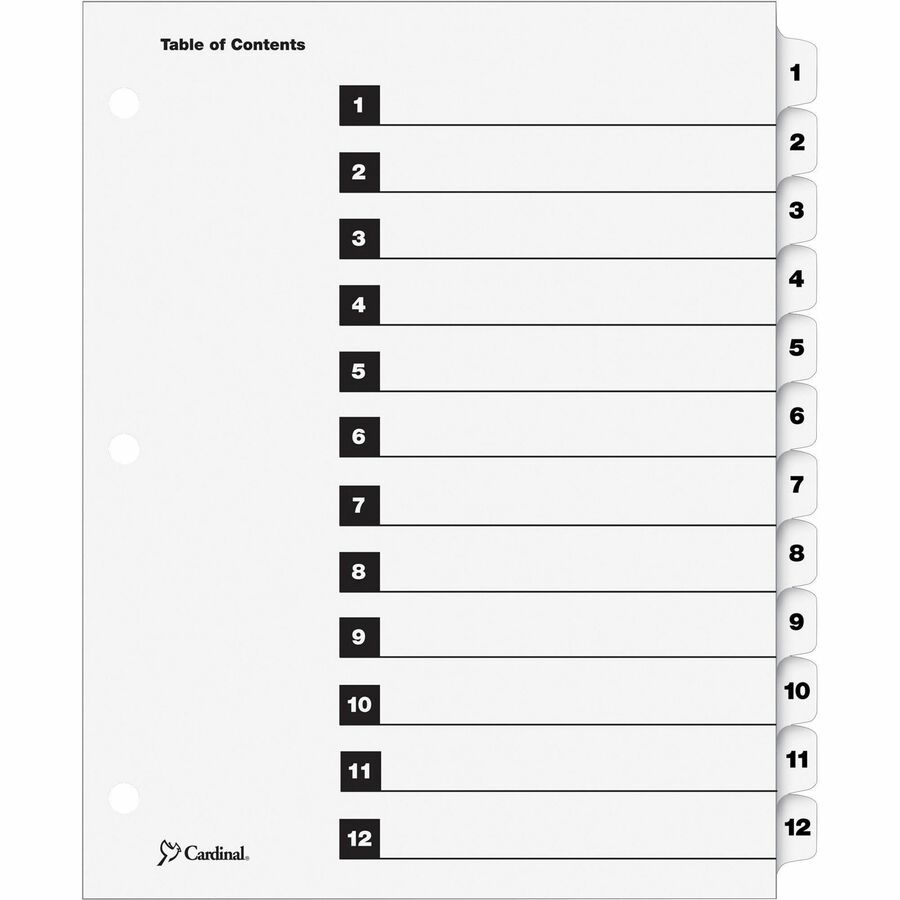 Cardinal OneStep Numbered Index System - 12 x Divider(s) - Printed Tab(s) - Digit - 1-12 - 12 Tab(s)/Set - 9" Divider Width x 11" Divider Length - Letter - 8.50" Width x 11" Length - 3 Hole Punched - White Divider - White Mylar Tab(s) - 12 / Set