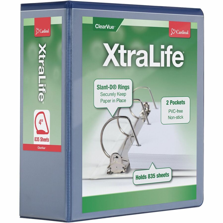 Cardinal Xtralife ClearVue Locking Slant-D Binders - 4" Binder Capacity - Letter - 8 1/2" x 11" Sheet Size - 890 Sheet Capacity - 3 3/5" Spine Width - 3 x D-Ring Fastener(s) - 2 Inside Front & Back Pocket(s) - Polyolefin - Blue - 1.80 lb - Non-stick, Locking Ring, PVC-free, Clear Overlay, Cold Resistant, Crack Resistant - 1 Each