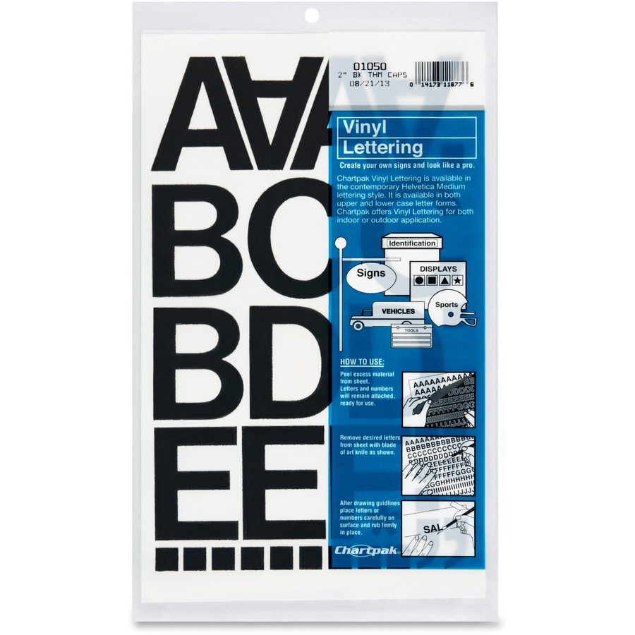 Chartpak Vinyl Helvetica Style Letters/Numbers - 10 x Numbers, 67 x Capital Letters Shape - Self-adhesive - Helvetica Style - Easy to Use - 2" Height - Black - Vinyl - 77 / Pack