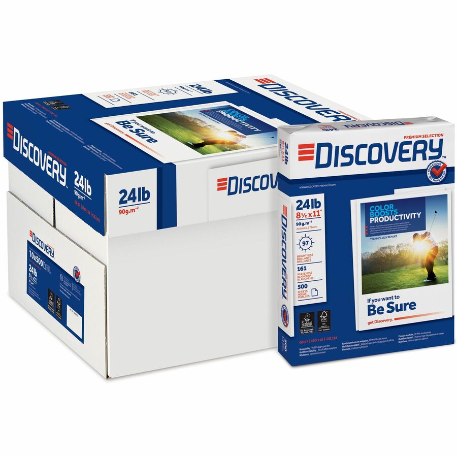 Discovery Premium Multipurpose Paper - Anti-Jam - White - 99 Brightness - Letter - 8 1/2" x 11" - 24 lb Basis Weight - 5000 / Carton - Excellent Ink Absorption