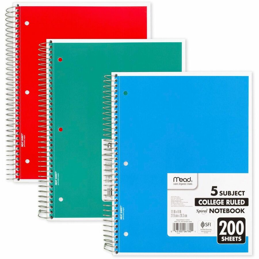 Mead 5-Subject Wire-bound Notebook - Letter-size - 200 Sheets - Spiral - College Ruled - Letter - 8 1/2" x 11" - White Paper - Assorted Cover - Back Board, Heavyweight - 1 Each