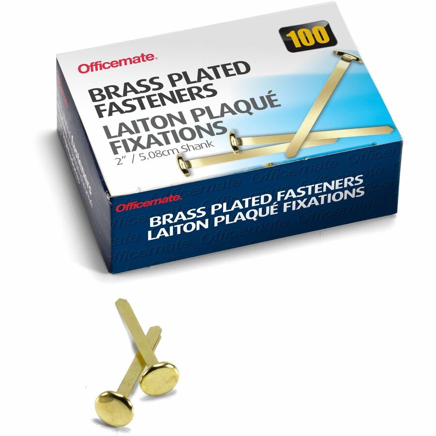 Officemate Round Head Fasteners - 2" Shank - 0.50" Head - 100 / Box - Brass