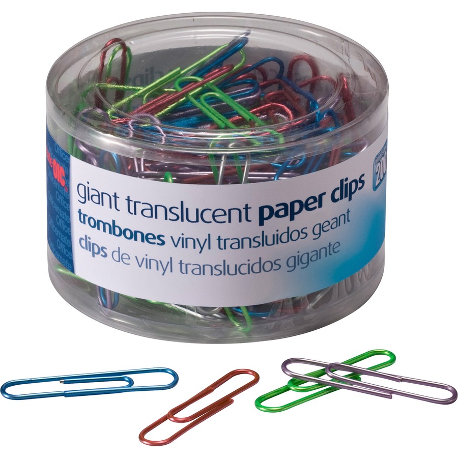 Officemate Translucent Vinyl Paper Clips - Jumbo - 2" Length x 0.5" Width - 200 / Pack - Blue, Red, Green, Silver, Purple - Vinyl