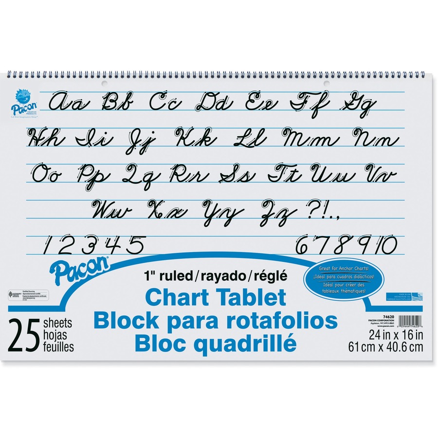 Pacon Ruled Chart Tablet - 25 Sheets - Spiral Bound - Ruled - 1" Ruled - 24" x 16" - White Paper - Stiff Cover - Sturdy Back, Recyclable, Dual Sided - 1 Each