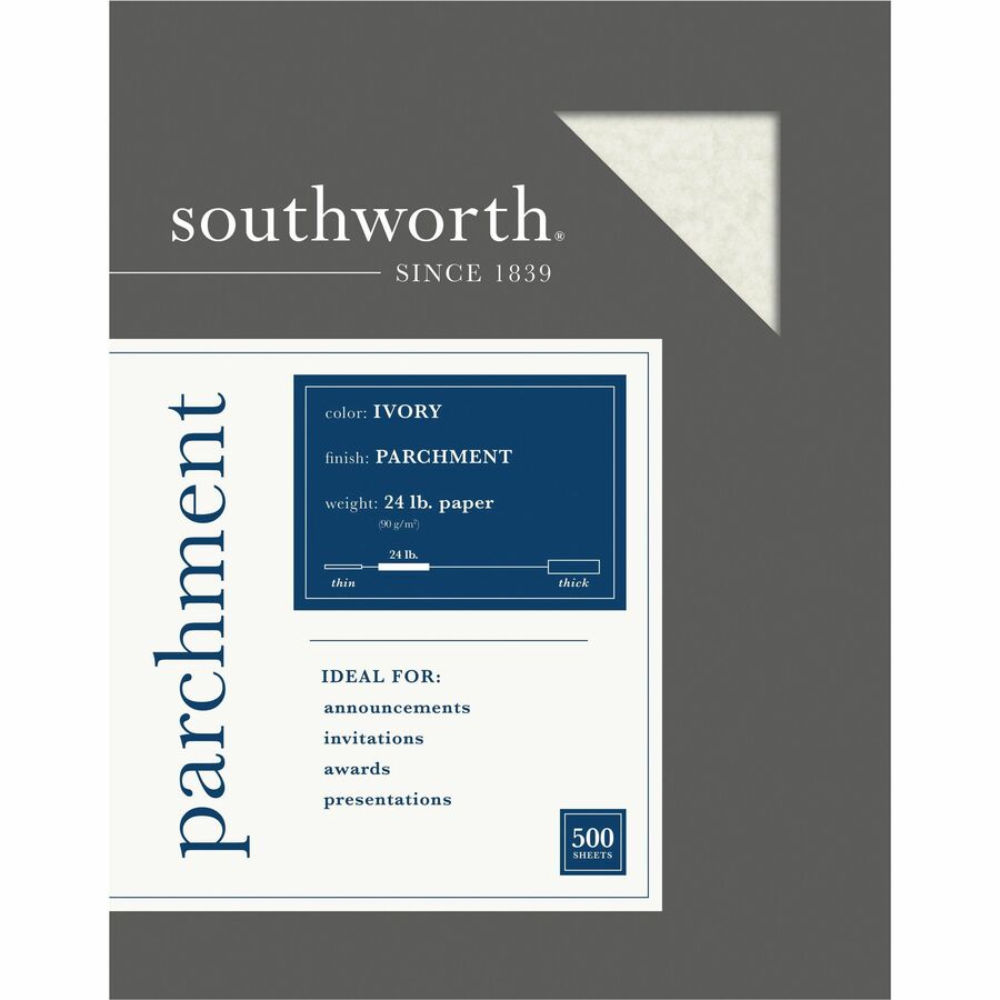 Southworth Parchment Specialty Paper - Ivory - Letter - 8 1/2" x 11" - 24 lb Basis Weight - Parchment - 500 / Box - Acid-free, Lignin-free