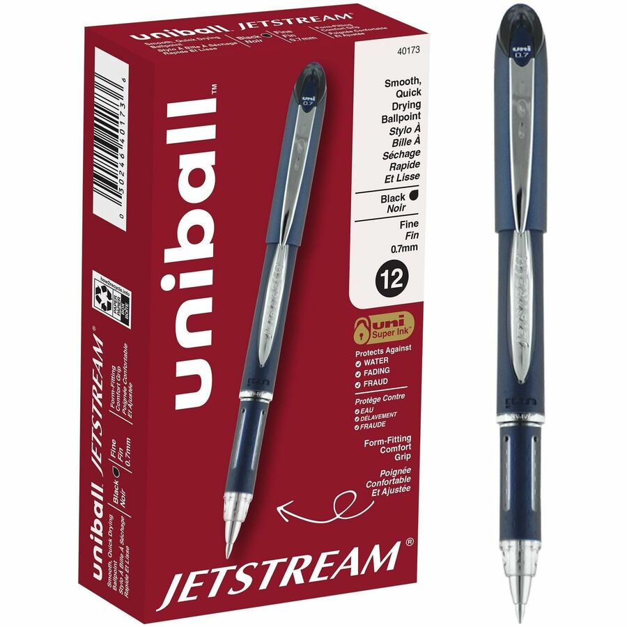 uni® Jetstream Ballpoint Pen - Fine Pen Point - 0.7 mm Pen Point Size - Black Pigment-based Ink - Blue Stainless Steel Barrel - 1 Dozen