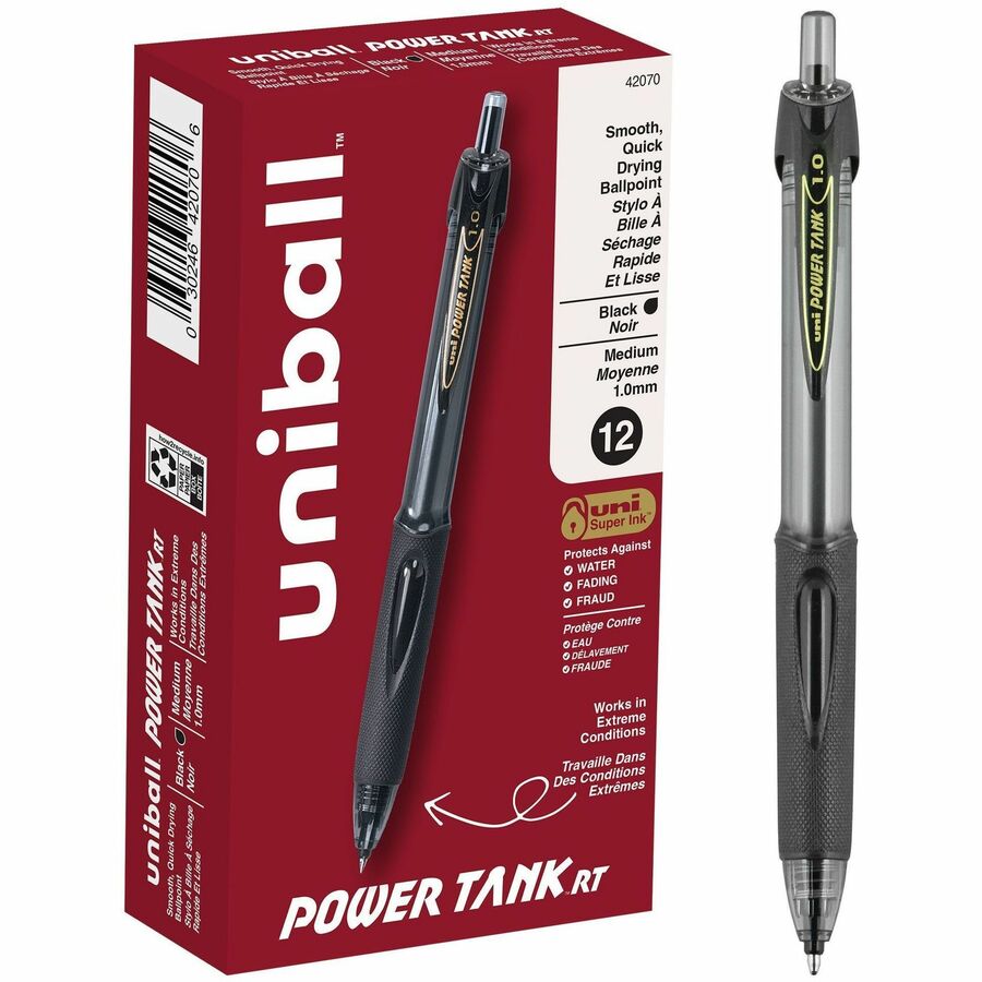 uni® Power Tank Retractable Ballpoint Pens - Medium Pen Point - 1 mm Pen Point Size - Refillable - Retractable - Black - Black Barrel - 1 Dozen