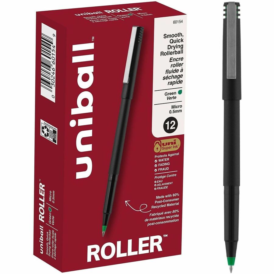 uniball™ Roller Rollerball Pen - Micro Pen Point - 0.5 mm Pen Point Size - Green - Black Stainless Steel Barrel - 1 Dozen