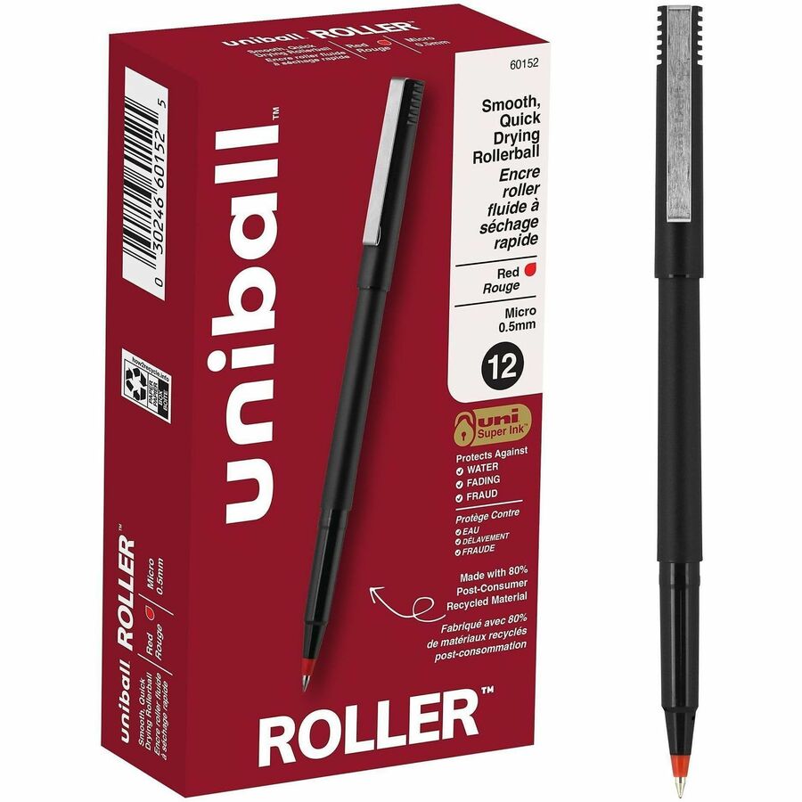 uniball™ Roller Rollerball Pen - Micro Pen Point - 0.5 mm Pen Point Size - Red Water Based Ink - Black Stainless Steel Barrel - 1 Dozen