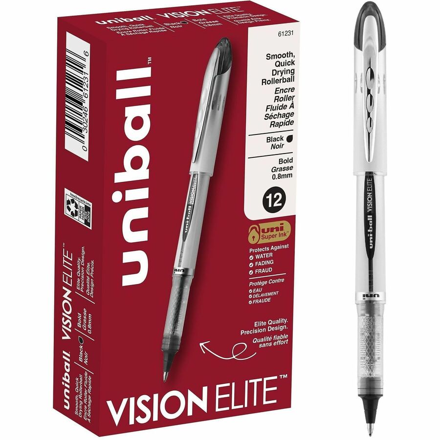 uniball™ Vision Elite Rollerball Pens - Bold Pen Point - 0.8 mm Pen Point Size - Refillable - Black Gel-based Ink - 1 Each