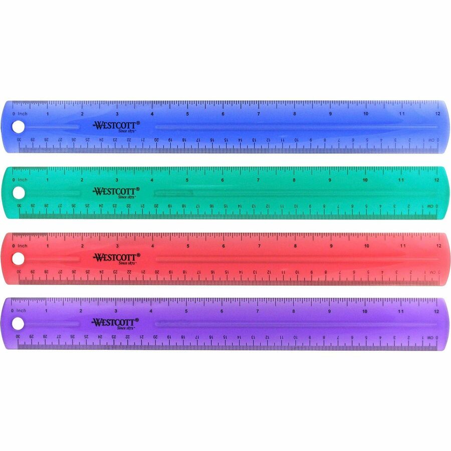 Westcott Transparent Jeweltone 12" Plastic Ruler - 12" Length 1" Width - 1/16 Graduations - Metric, Imperial Measuring System - Plastic - 1 Each - Assorted