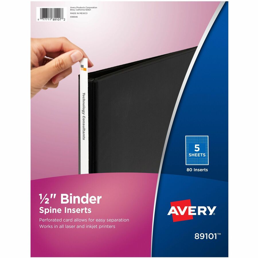 Avery(R) Binder Spine Inserts, 1/2 Inch Binders, 80 Inserts (89101) - Avery(R) Binder Spine Inserts, For 1/2 Inch Ring Binders with 1.4" Spine Width, 80 Cardstock View Binder Spine ID Inserts (89101)