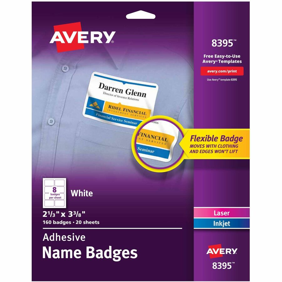 Avery® Adhesive Name Badges - 2 21/64" Width x 3 3/8" Length - Removable Adhesive - Rectangle - Laser, Inkjet - White - Film - 8 / Sheet - 20 Total Sheets - 160 Total Label(s) - 160 / Pack