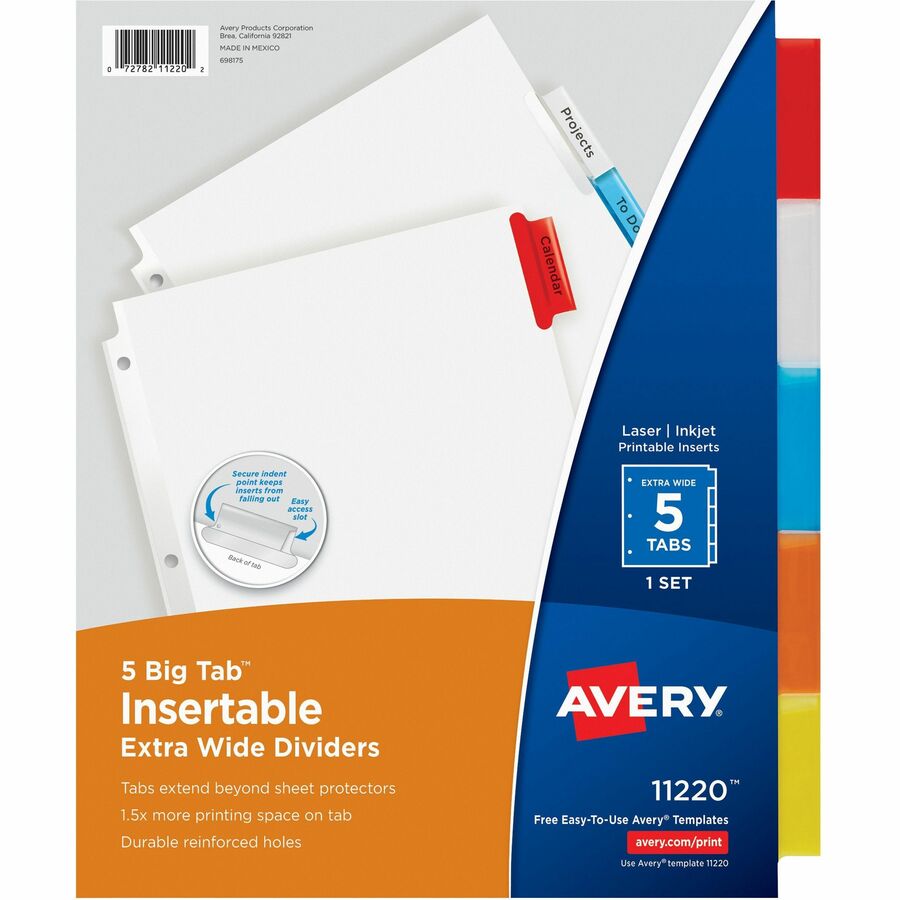 Avery® Big Tab Extra-Wide Insertable Dividers - 5 Blank Tab(s) - 5 Tab(s)/Set - 9" Divider Width x 11" Divider Length - 3 Hole Punched - White Paper Divider - Multicolor Tab(s) - 5 / Set
