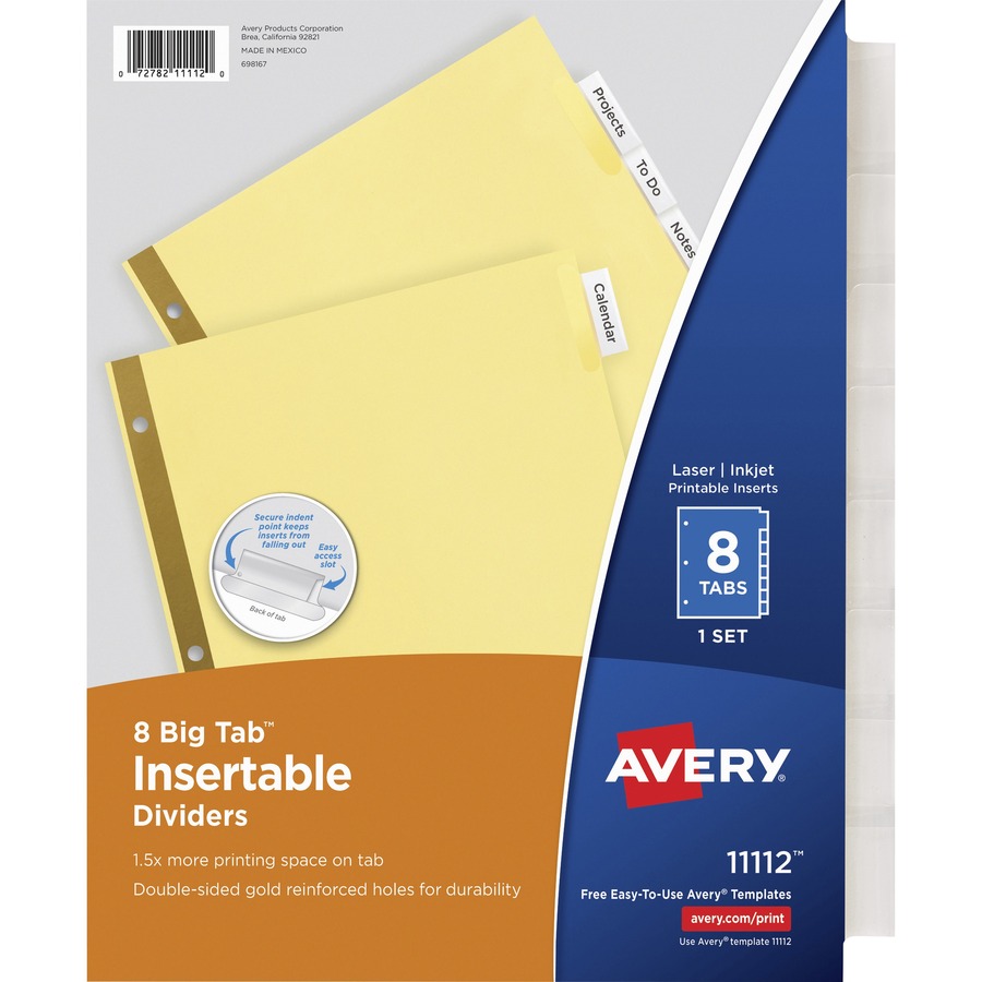 Avery® Big Tab Insertable Dividers - Reinforced Gold Edge - 8 Blank Tab(s) - 8 Tab(s)/Set - 8.5" Divider Width x 11" Divider Length - Letter - 3 Hole Punched - Buff Paper Divider - Clear Tab(s) - 8 / Set