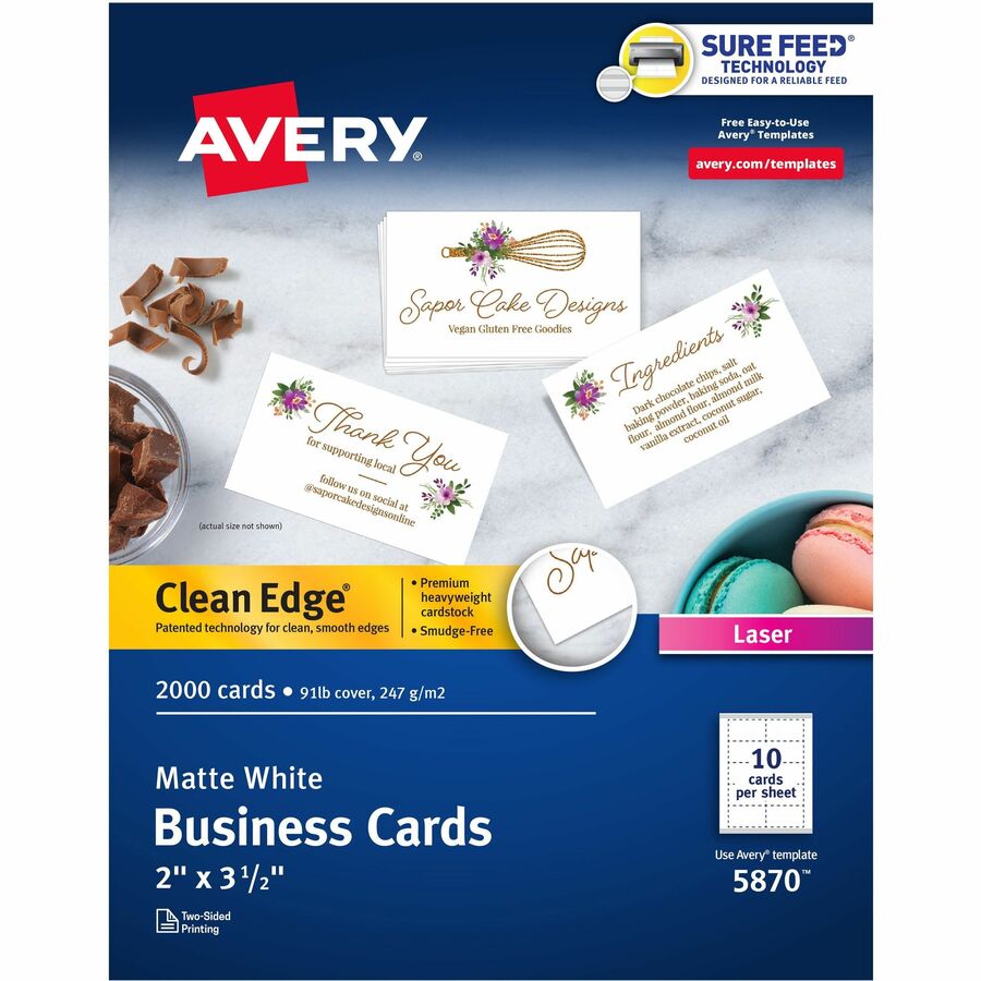 Avery® Clean Edge Business Cards - 145 Brightness3 1/2" x 2" - Matte - 2000 / Box - Heavyweight, Perforated, Rounded Corner