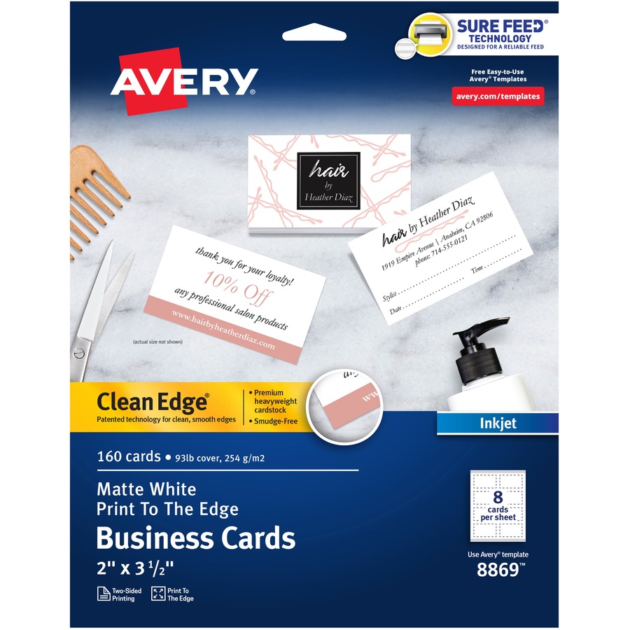 Avery® Clean Edge Business Cards, 2" x 3.5" , White, 160 (08869) - 110 Brightness8 1/2" x 11" - 93 lb Basis Weight - 254 g/m² Grammage - Matte - 160 / Pack - Heavyweight, Rounded Corner, Smooth Edge