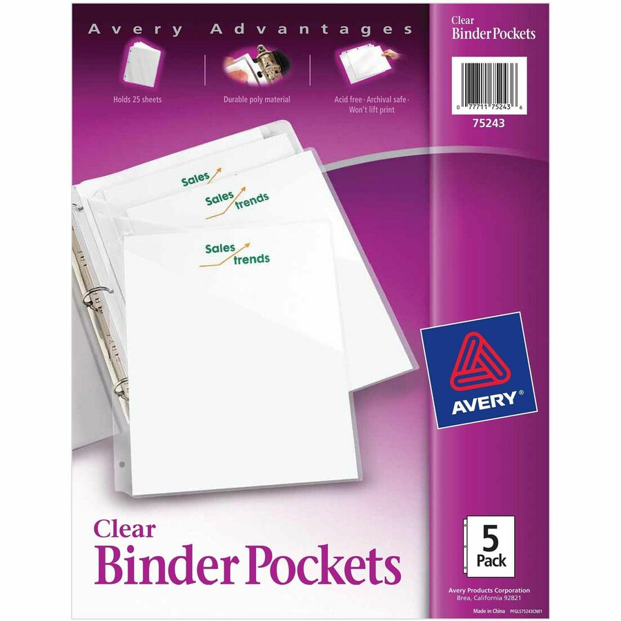 Avery® Durable Letter Vinyl File Pocket - 8 1/2" x 11" - 20 Sheet Capacity - 3 Pocket(s) - Polypropylene - Clear - 5 / Pack