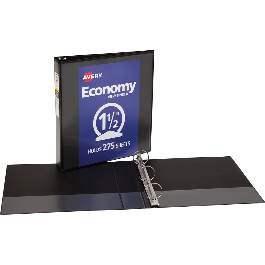 Avery® Economy View Binder - 1 1/2" Binder Capacity - Letter - 8 1/2" x 11" Sheet Size - 275 Sheet Capacity - 3 x Round Ring Fastener(s) - 2 Internal Pocket(s) - Vinyl, Chipboard - Black - 15.84 lb - Gap-free Ring, Exposed Rivet, Clear Overlay, Non Locking Mechanism - 1 Each