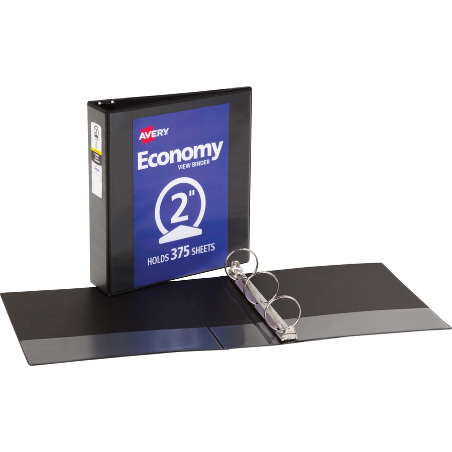 Avery® Economy View Binder - 2" Binder Capacity - Letter - 8 1/2" x 11" Sheet Size - 375 Sheet Capacity - 3 x Round Ring Fastener(s) - 2 Internal Pocket(s) - Vinyl - Black - 1.39 lb - Gap-free Ring, Rivet, Clear Overlay, Non Locking Mechanism, Easy Open Ring, Locking Ring - 1 Each
