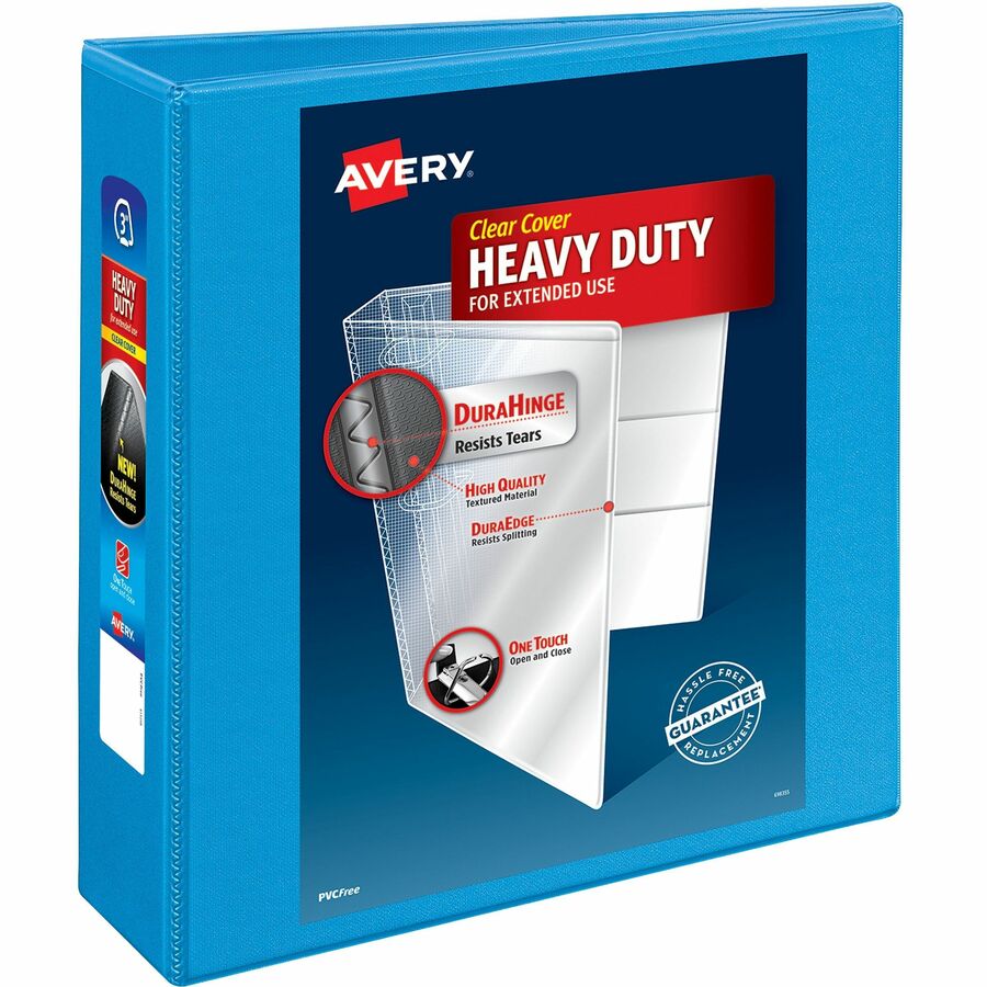 Avery® Heavy-duty Nonstick View Binder - 3" Binder Capacity - Letter - 8 1/2" x 11" Sheet Size - 600 Sheet Capacity - 3 x Slant D-Ring Fastener(s) - 4 Internal Pocket(s) - Poly - Light Blue - Recycled - Gap-free Ring, Non-stick, Stacked Pocket, Exposed Rivet, Heavy Duty, PVC-free, Clear Overlay - 1 Each