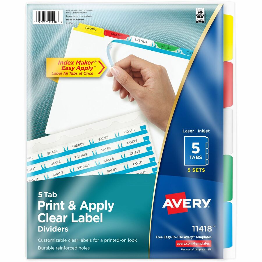 Avery® Index Maker Index Divider - 25 x Divider(s) - 5 - 5 Tab(s)/Set - 8.5" Divider Width x 11" Divider Length - 3 Hole Punched - White Paper Divider - Multicolor Paper Tab(s) - 5 / Set