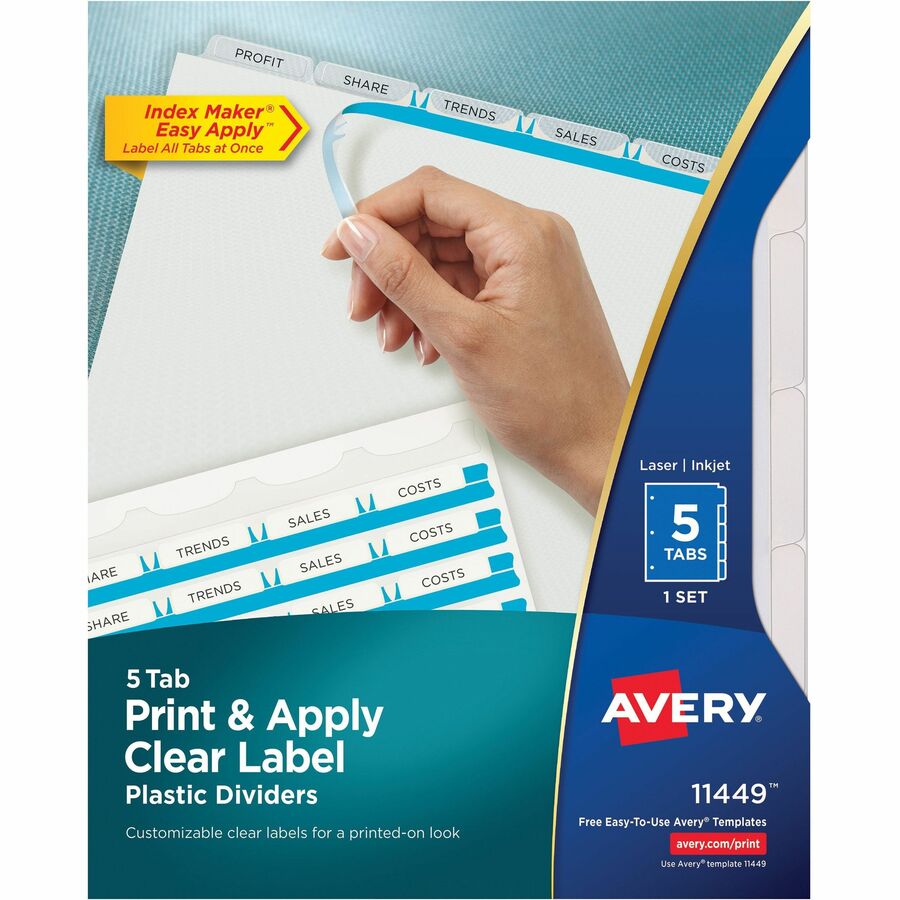 Avery® Index Maker Index Divider - 5 x Divider(s) - 5 - 5 Tab(s)/Set - 8.5" Divider Width x 11" Divider Length - 3 Hole Punched - Translucent Plastic Divider - Frosted Clear Plastic Tab(s) - 1