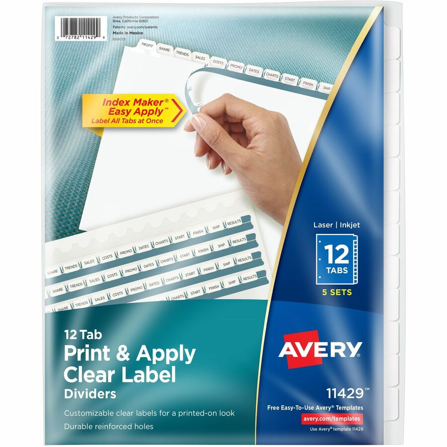 Avery® Index Maker Index Divider - 60 x Divider(s) - Print-on Tab(s) - 12 - 12 Tab(s)/Set - 8.5" Divider Width x 11" Divider Length - 3 Hole Punched - White Paper Divider - White Paper Tab(s) - 1
