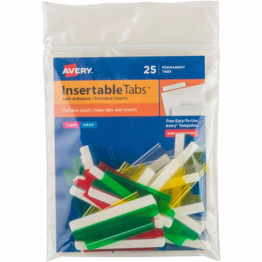 Avery® Index Tabs with Printable Inserts - Print-on Tab(s) - 2" Tab Height - Self-adhesive, Permanent - Assorted Plastic Tab(s) - 25 / Pack