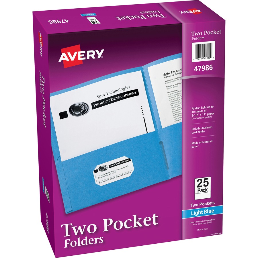 Avery® Letter Pocket Folder - 8 1/2" x 11" - 40 Sheet Capacity - 2 Internal Pocket(s) - Embossed Paper - Light Blue - 25 / Box