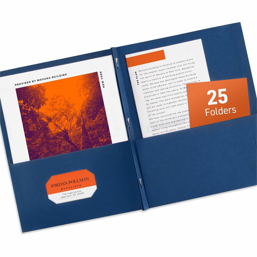 Avery® Letter Report Cover - 8 1/2" x 11" - 70 Sheet Capacity - 3 x Prong Fastener(s) - 1/2" Fastener Capacity for Folder - 2 Internal Pocket(s) - Embossed Paper - Dark Blue - 25 / Box