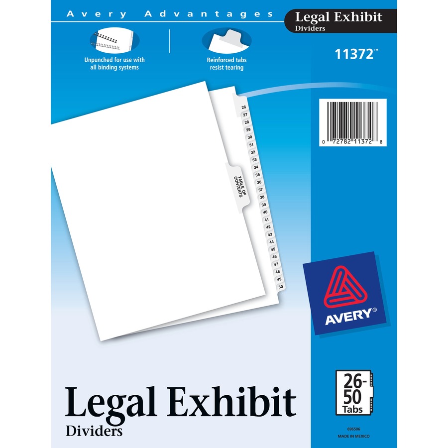 Avery® Premium Collated Legal Exhibit Dividers with Table of Contents Tab - Avery Style - 26 x Divider(s) - Printed Tab(s) - Digit - 26-50 - 26 Tab(s)/Set - 8.5" Divider Width x 11" Divider Length - Letter - White Paper Divider - White Tab(s) - 25 / Set