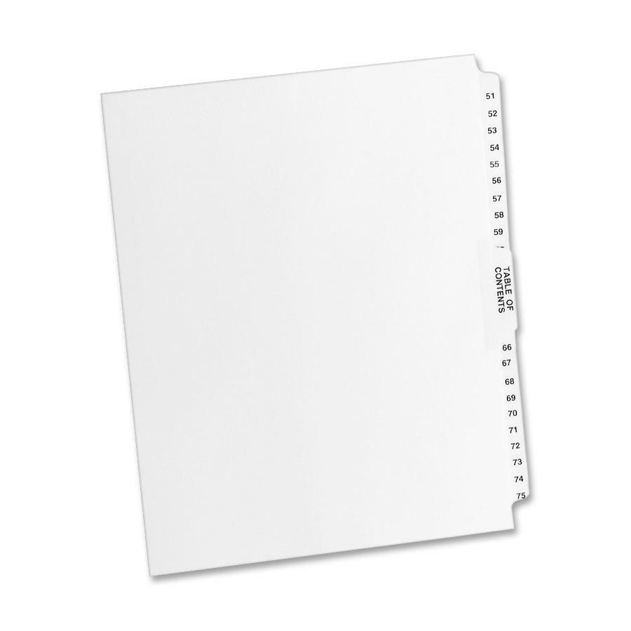 Avery® Premium Collated Legal Exhibit Dividers with Table of Contents Tab - Avery Style - 26 x Divider(s) - Printed Tab(s) - Digit - 51-75 - 26 Tab(s)/Set - 8.5" Divider Width x 11" Divider Length - Letter - White Paper Divider - Clear Tab(s) - 25 / Set