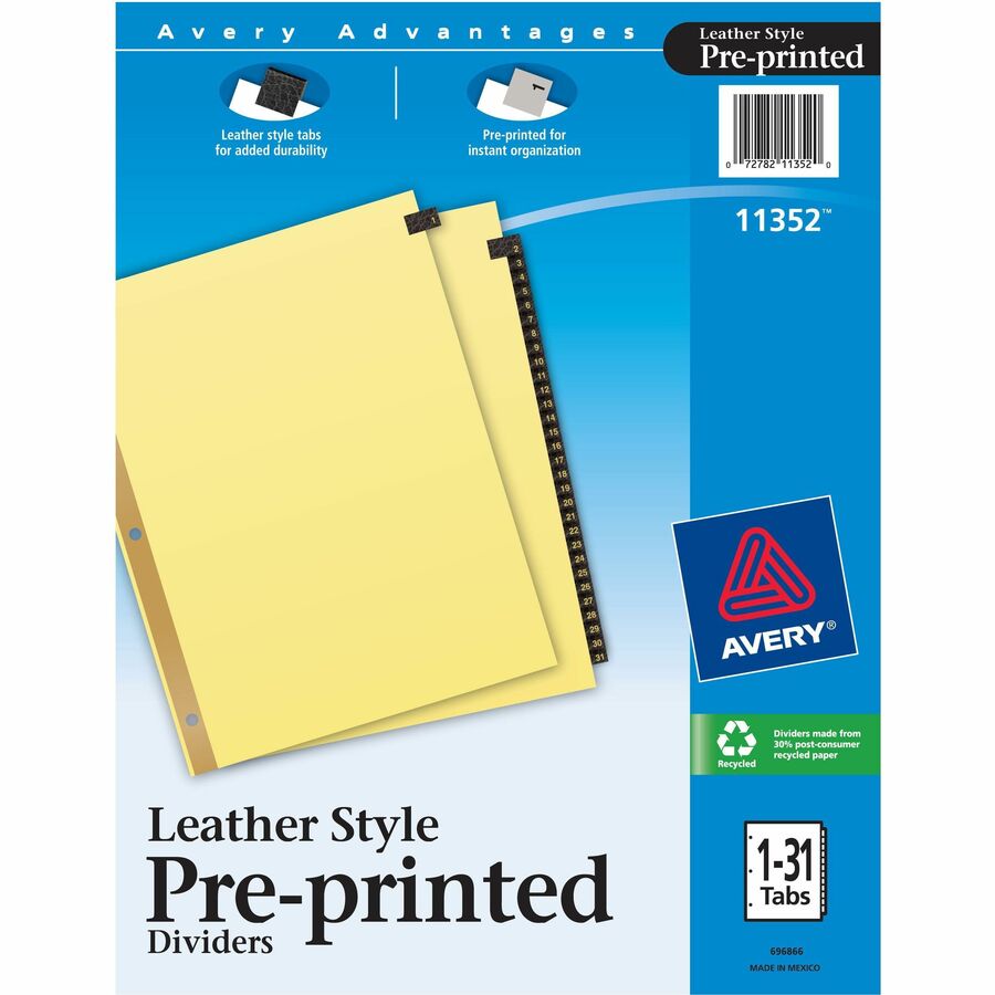 Avery® Preprinted Tab Dividers - Gold Reinforced Edge - 31 x Divider(s) - Printed Tab(s) - Digit - 1-31 - 31 Tab(s)/Set - 8.5" Divider Width x 11" Divider Length - Letter - 3 Hole Punched - Buff Paper Divider - Black Leather Tab(s) - 31 / Set