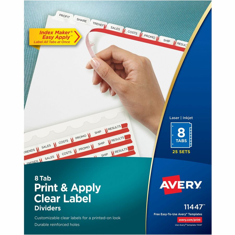 Avery® Print & Apply Clear Label Dividers - Index Maker Easy Apply Label Strip - 200 x Divider(s) - 8 Blank Tab(s) - 8 Tab(s)/Set - 8.5" Divider Width x 11" Divider Length - Letter - 3 Hole Punched - White Paper Divider - White Tab(s) - 25 / Box