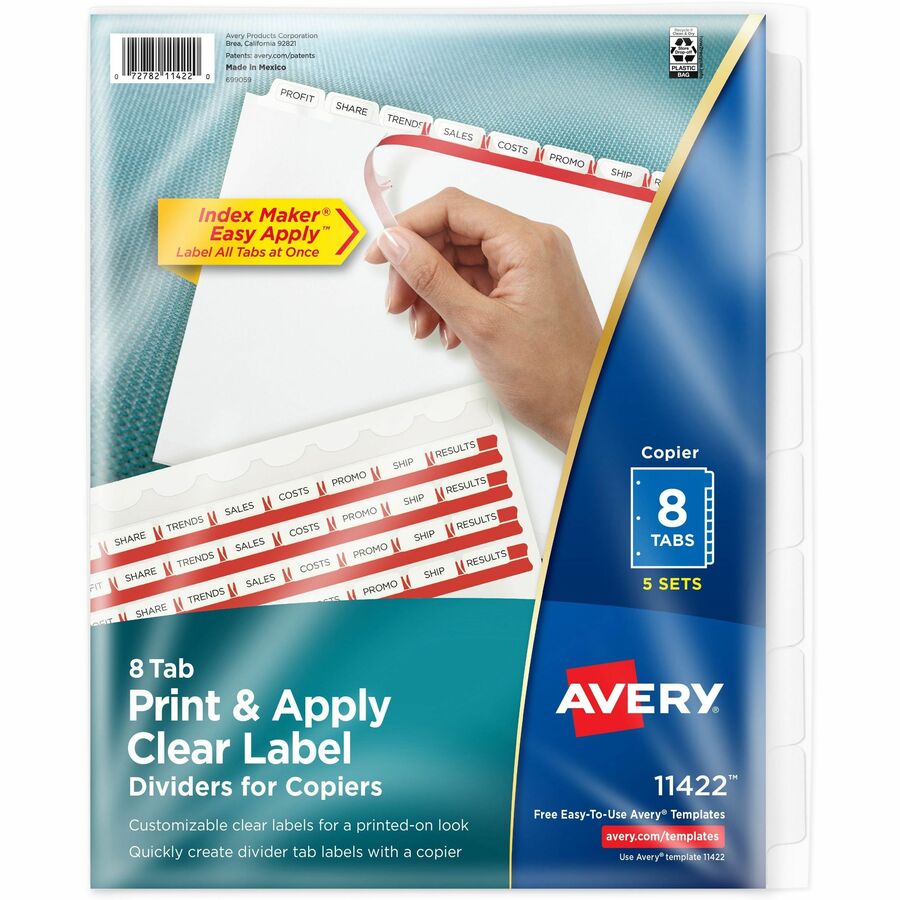 Avery® Print & Apply Clear Label Dividers - Index Maker Easy Peel Printable Labels - 8 Blank Tab(s) - 8 Tab(s)/Set - 8.5" Divider Width x 11" Divider Length - Letter - White Divider - White Tab(s) - 5 / Pack