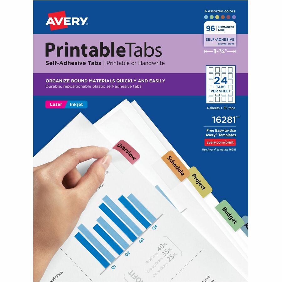 Avery® Printable Repositionable Tabs - 96 Tab(s)1.25" Tab Width - Permanent - Paper Divider - Assorted Paper Tab(s) - 96 / Pack