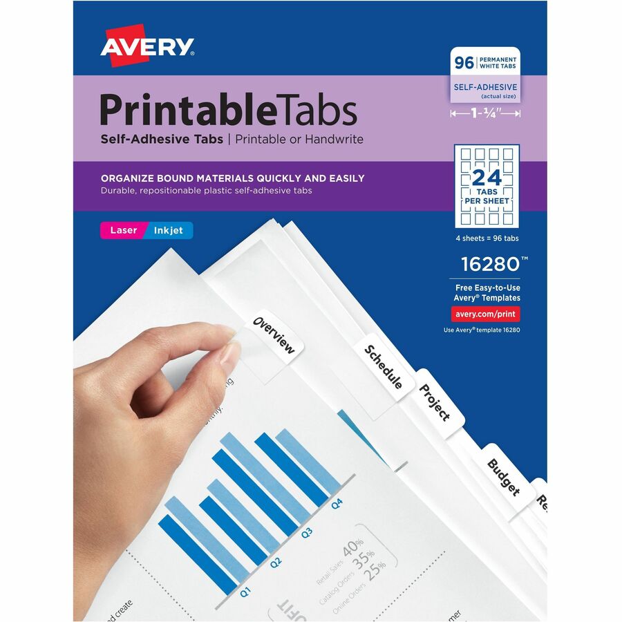 Avery® Printable Repositionable Tabs - 96 Tab(s)1.25" Tab Width - Permanent - Paper Divider - White Paper Tab(s) - 96 / Pack