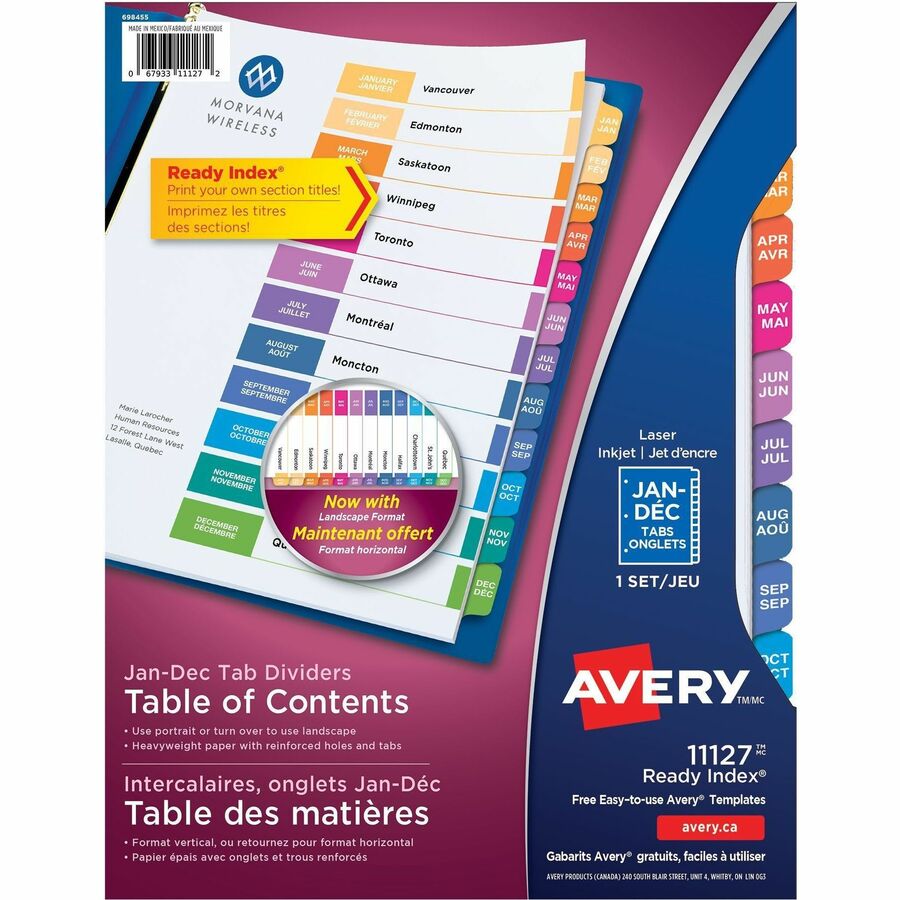 Avery® Ready Index Binder Dividers - Customizable Table of Contents - 12 x Divider(s) - Printed Tab(s) - Month - Jan-Dec - 12 Tab(s)/Set - 8.5" Divider Width x 11" Divider Length - Letter - 3 Hole Punched - White Paper Divider - Multicolor Paper Tab(s) - 12 / Set