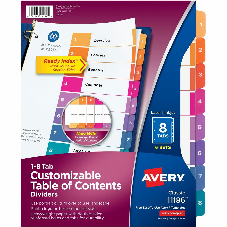 Avery® Ready Index Custom TOC Binder Dividers - 48 x Divider(s) - 1-8 - 8 Tab(s)/Set - 8.5" Divider Width x 11" Divider Length - 3 Hole Punched - White Paper Divider - Multicolor Paper Tab(s) - 6 / Pack