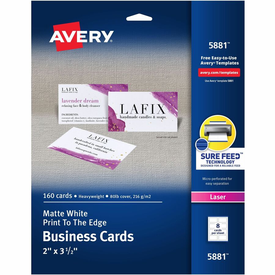 Avery® Sure Feed Business Cards - 97 Brightness3 1/2" x 2" - 80 lb Basis Weight - 216 g/m² Grammage - 160 / Pack - FSC Mix - Perforated, Heavyweight, Rounded Corner, Print-to-the-edge, Jam-free, Uncoated, Print-to-the-edge, Recyclable, Biodegradable