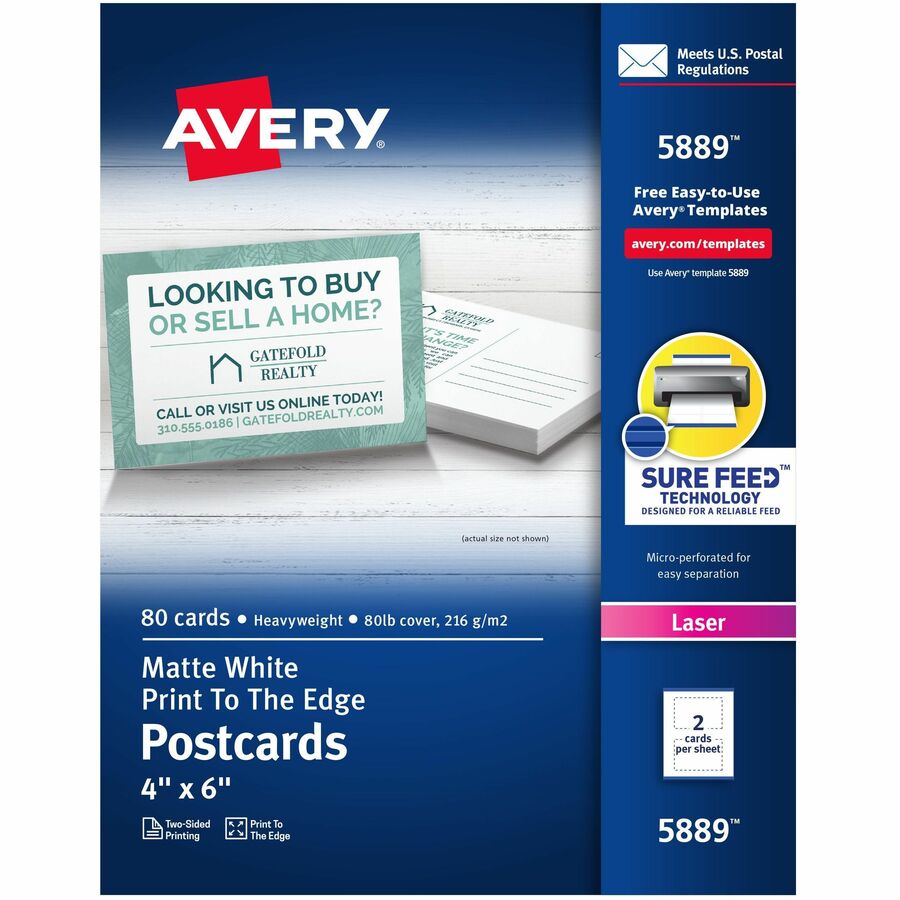 Avery® Sure Feed Postcards - 97 Brightness6" x 4" - 80 / Box - FSC Mix - Perforated, Heavyweight, Rounded Corner, Uncoated