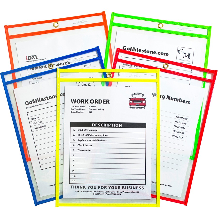C-Line Neon Shop Ticket Holders, Stitched - Assorted, 5 Colors, Both Sides Clear, 9 x 12, 25/BX, 43910