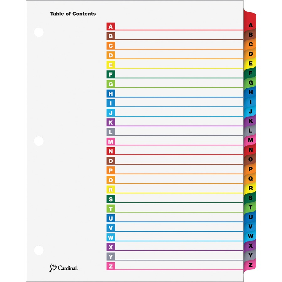 Cardinal A-Z OneStep Index System - 26 x Divider(s) - Printed Tab(s) - Character - A-Z - 26 Tab(s)/Set - 9" Divider Width x 11" Divider Length - Letter - 8.50" Width x 11" Length - 3 Hole Punched - White Divider - Multicolor Mylar Tab(s) - 25 / Set