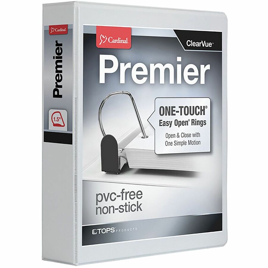 Cardinal EasyOpen Clearvue Slant D-Ring Binders - 1 1/2" Binder Capacity - Letter - 8 1/2" x 11" Sheet Size - 350 Sheet Capacity - 1 3/5" Spine Width - 3 x D-Ring Fastener(s) - 2 Inside Front & Back Pocket(s) - Vinyl - White - 1.18 lb - Clear Overlay, Locking Mechanism, One Touch Ring, Sheet Lifter, Label Holder, Heavy Duty - 1 Each