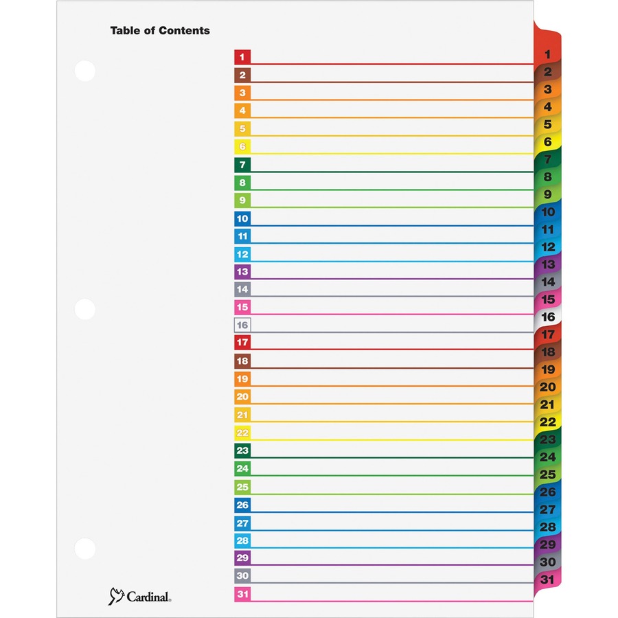 Cardinal OneStep Daily Index System - 31 x Divider(s) - Printed Tab(s) - Digit - 1-31 - 31 Tab(s)/Set - 9" Divider Width x 11" Divider Length - Letter - 8.50" Width x 11" Length - 3 Hole Punched - White Divider - Multicolor Mylar Tab(s) - 31 / Set