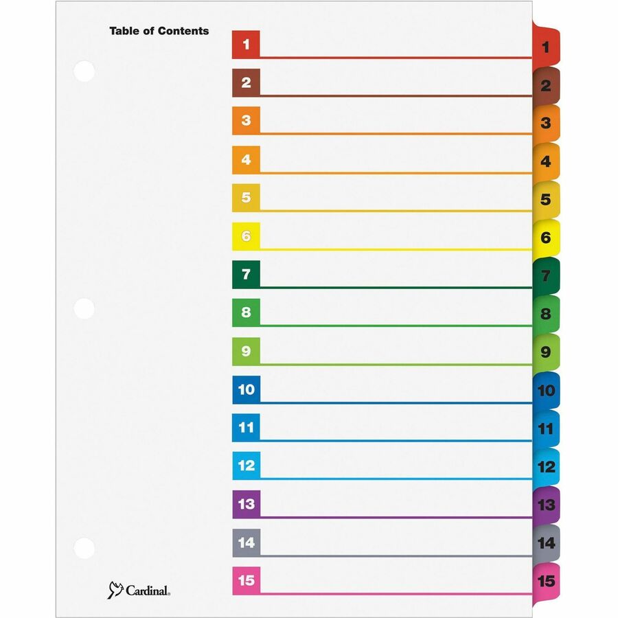 Cardinal OneStep Index System - 15 x Divider(s) - Printed Tab(s) - Digit - 1-15 - 15 Tab(s)/Set - 9" Divider Width x 11" Divider Length - Letter - 8.50" Width x 11" Length - 3 Hole Punched - White Paper Divider - Multicolor Mylar Tab(s) - 15 / Set